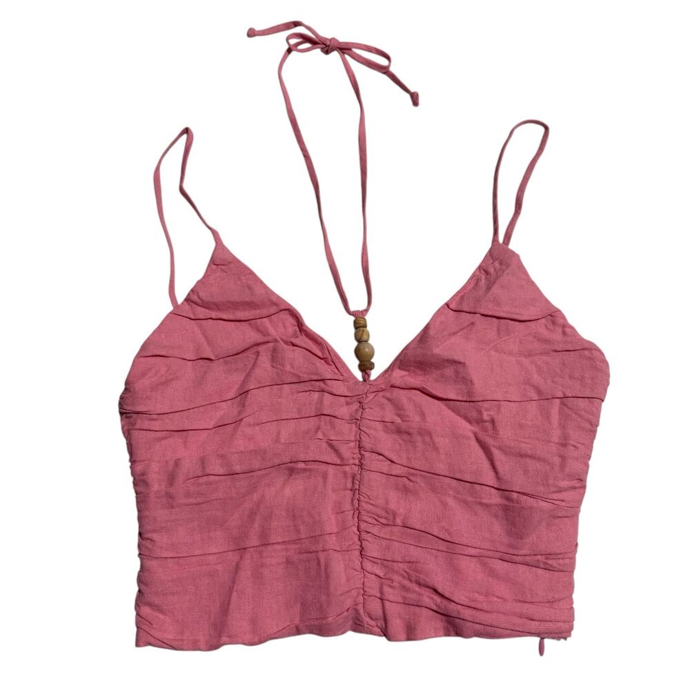 Zara Women's Linen Blend Ruched Halter Tie Top Pink Size XS 8041/709 NWT